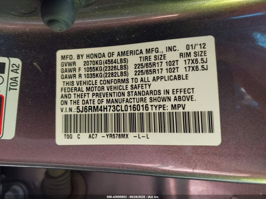 2012 Honda Cr-V VIN: 5J6RM4873CL016016 Lot: 43095583