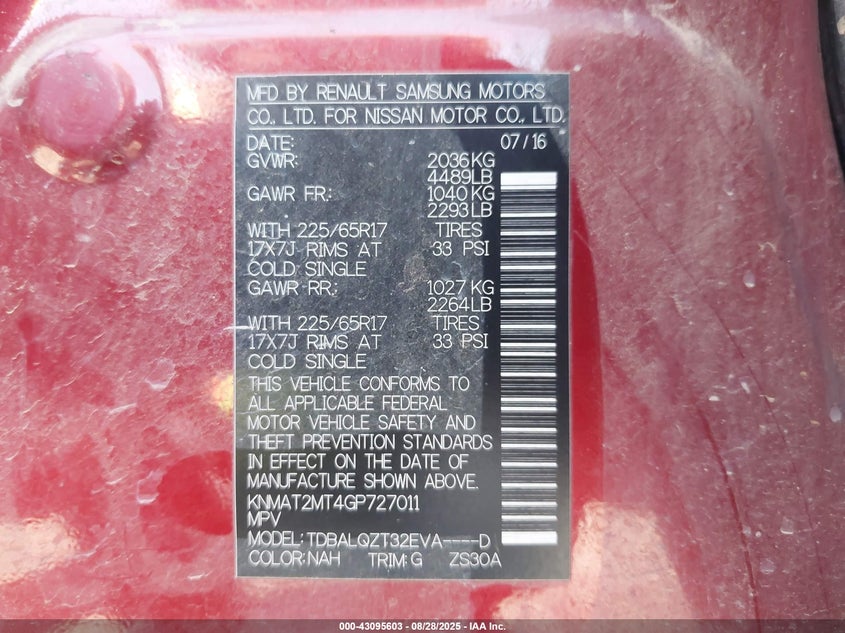 2016 NISSAN ROGUE SV - KNMAT2MT4GP727011