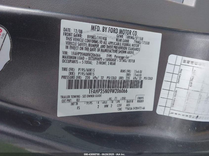 2009 Ford Focus Se VIN: 1FAHP35N09W206066 Lot: 43095755