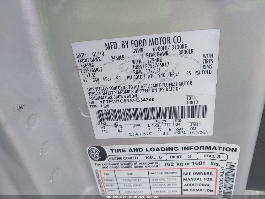 2010 Ford F-150 Fx2 Sport/Xl/Xlt VIN: 1FTEW1C83AFB34348 Lot: 43095798