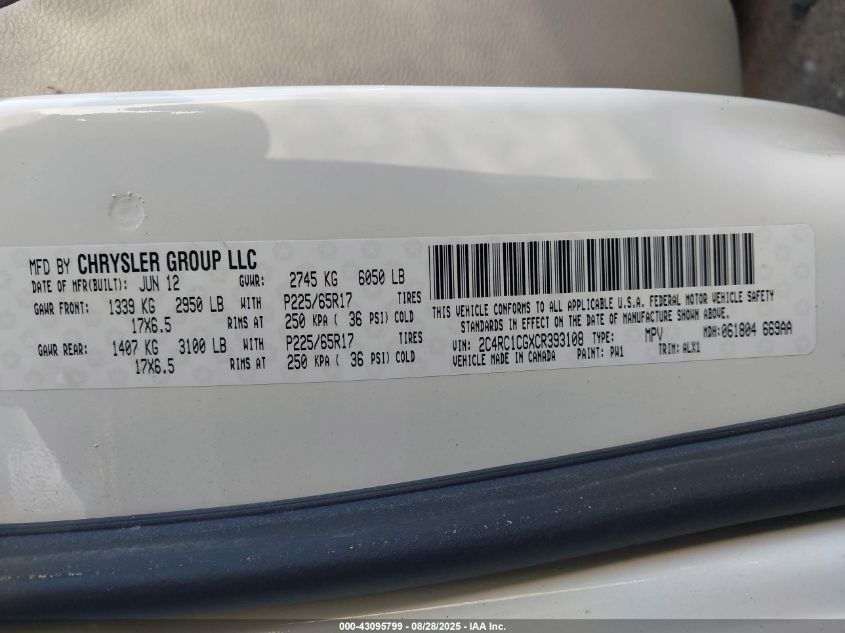 2012 Chrysler Town & Country Touring-L VIN: 2C4RC1CGXCR393108 Lot: 43095799