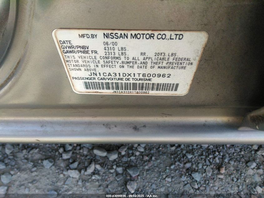 2001 Nissan Maxima Gle VIN: JN1CA31DX1T600962 Lot: 43095936