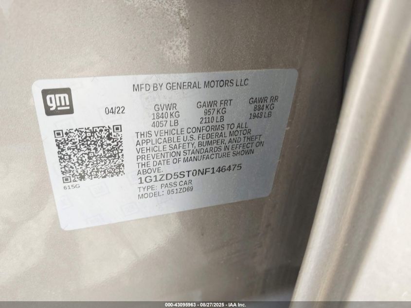 2022 Chevrolet Malibu Fwd Lt VIN: 1G1ZD5ST0NF146475 Lot: 43095963