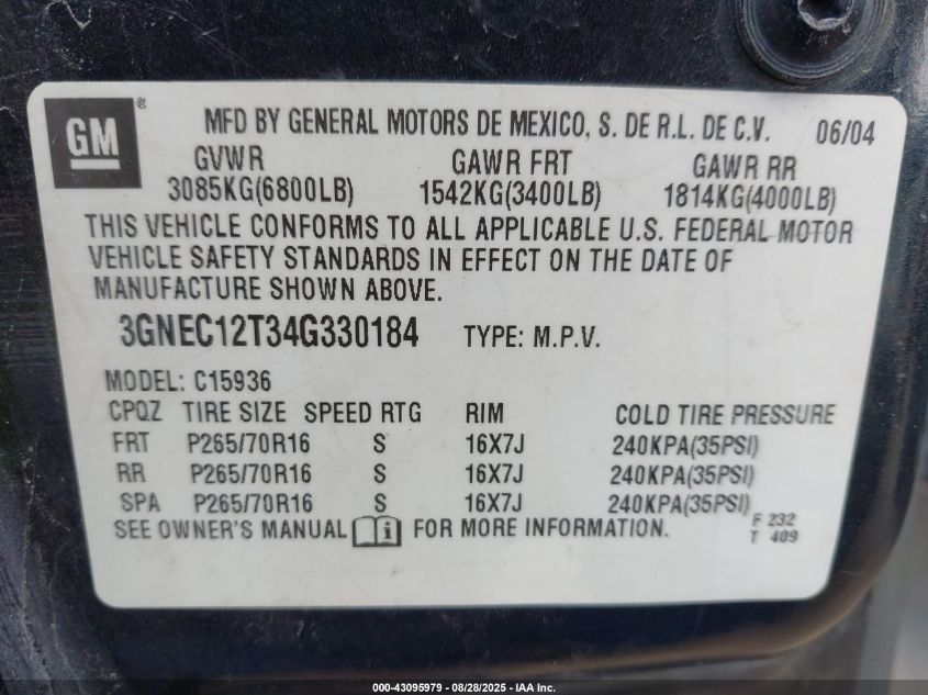 2004 Chevrolet Avalanche VIN: 3GNEC12T34G330184 Lot: 43095979