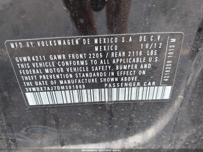 2013 Volkswagen Jetta 2.5L Se VIN: 3VWDX7AJ7DM391869 Lot: 43096018