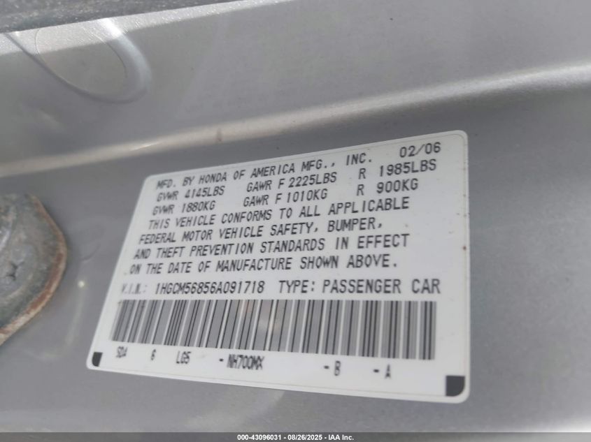 2006 Honda Accord 2.4 Ex VIN: 1HGCM56856A091718 Lot: 43096031