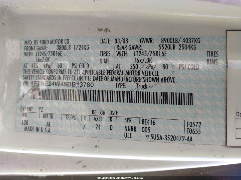 2008 Ford E-250 Commercial/Recreational VIN: 1FTNE24W48DB13780 Lot: 43096066