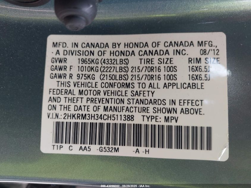 2012 Honda Cr-V Lx VIN: 2HKRM3H34CH511388 Lot: 43096080