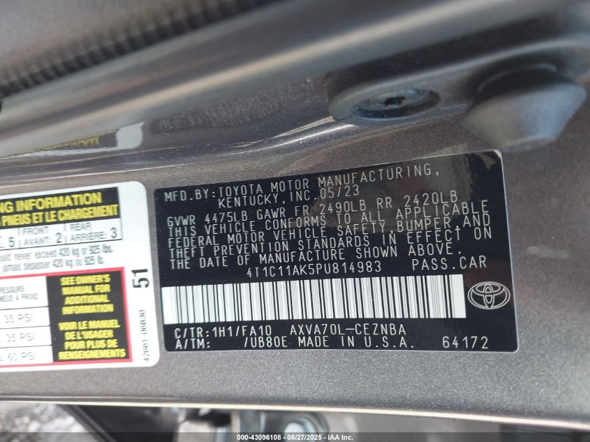 2023 Toyota Camry Le VIN: 4T1C11AK5PU814983 Lot: 43096108