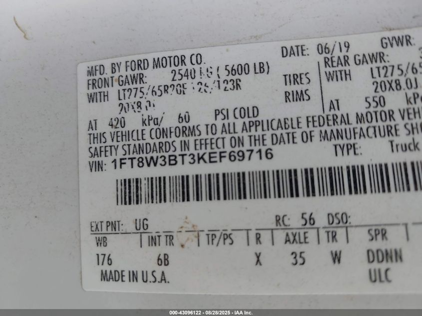 2019 Ford F-350 Lariat VIN: 1FT8W3BT3KEF69716 Lot: 43096122