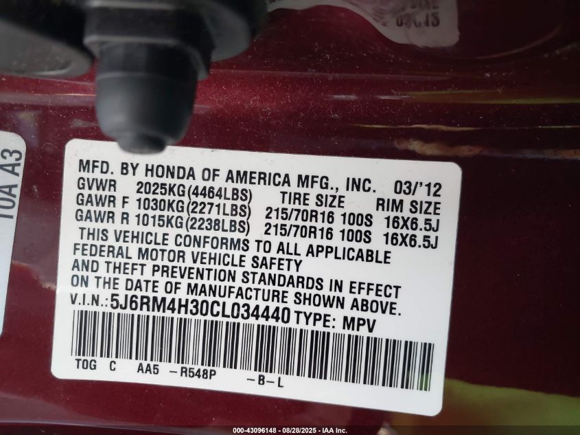 2012 Honda Cr-V Lx VIN: 5J6RM4H30CL034440 Lot: 43096148