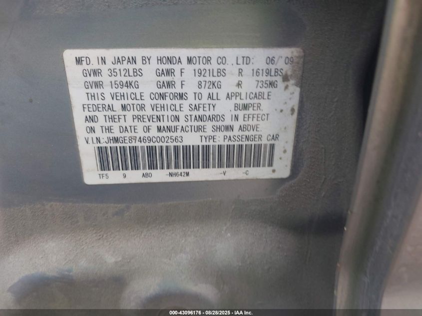 2009 Honda Fit Sport VIN: JHMGE87469C002563 Lot: 43096176