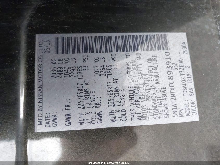 2015 Nissan Rogue Sv VIN: 5N1AT2MTXFC893910 Lot: 43096195