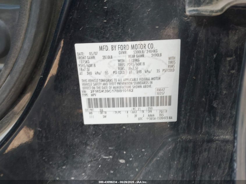 2007 Ford Edge Sel Plus VIN: 2FMDK39C17BB10182 Lot: 43096234