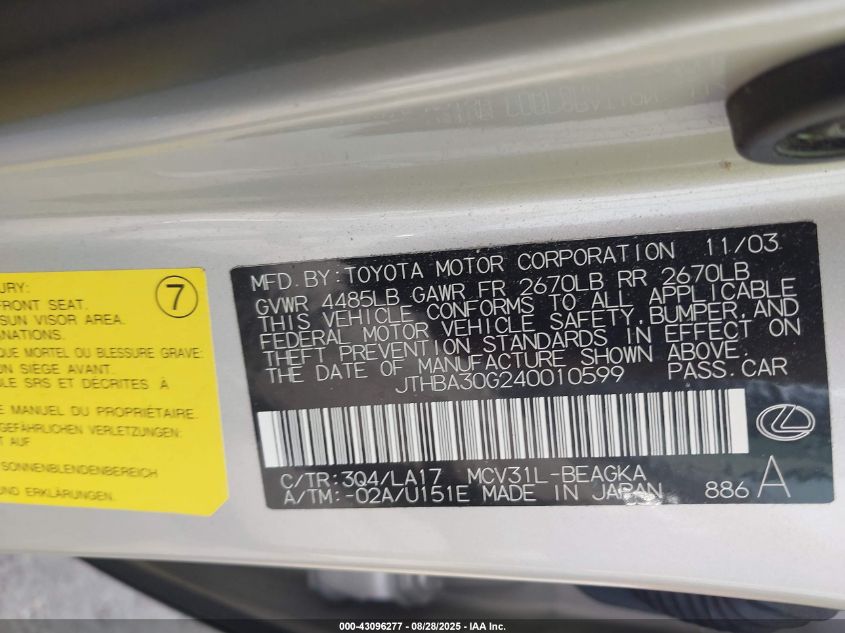 2004 Lexus Es 330 VIN: JTHBA30G240010599 Lot: 43096277