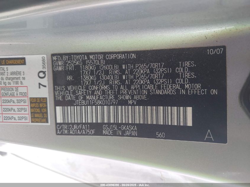 2008 Toyota Fj Cruiser VIN: JTEBU11F58K010797 Lot: 43096390