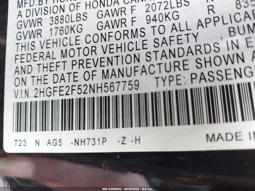 2022 HONDA CIVIC SPORT - 2HGFE2F52NH567759