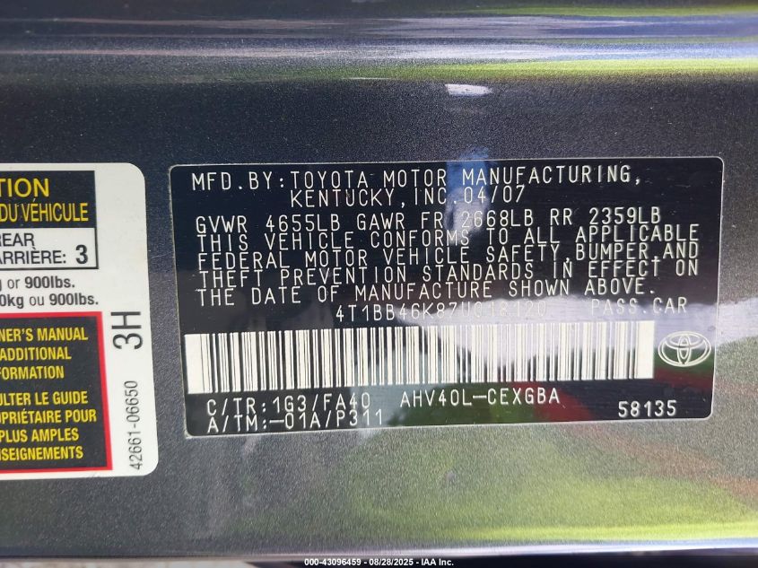 2007 Toyota Camry VIN: 4T1BB46A87U018120 Lot: 43096459