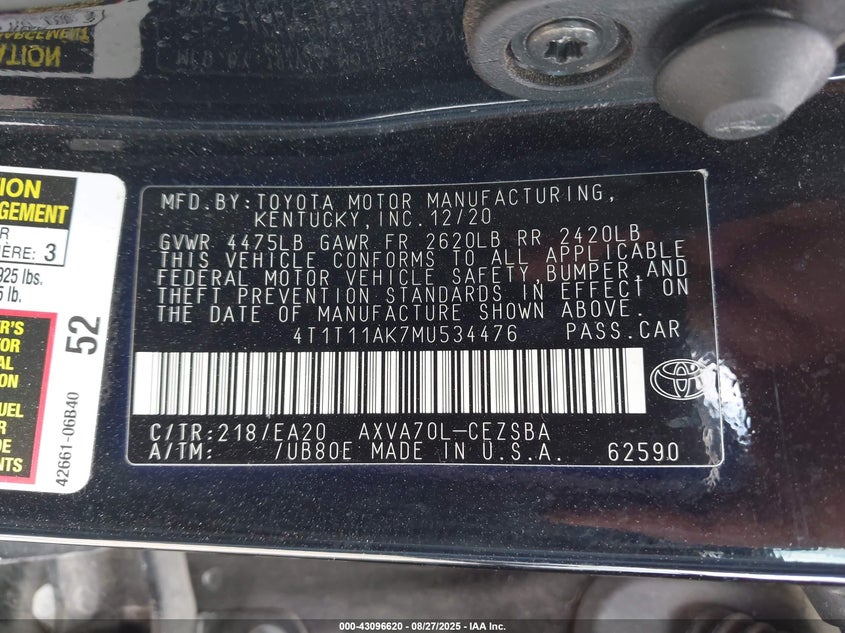 2021 TOYOTA CAMRY SE - 4T1T11AK7MU534476