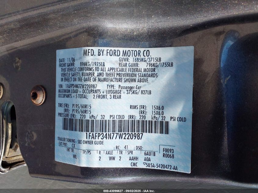 2007 Ford Focus S/Se/Ses VIN: 1FAFP34N77W220987 Lot: 43096627