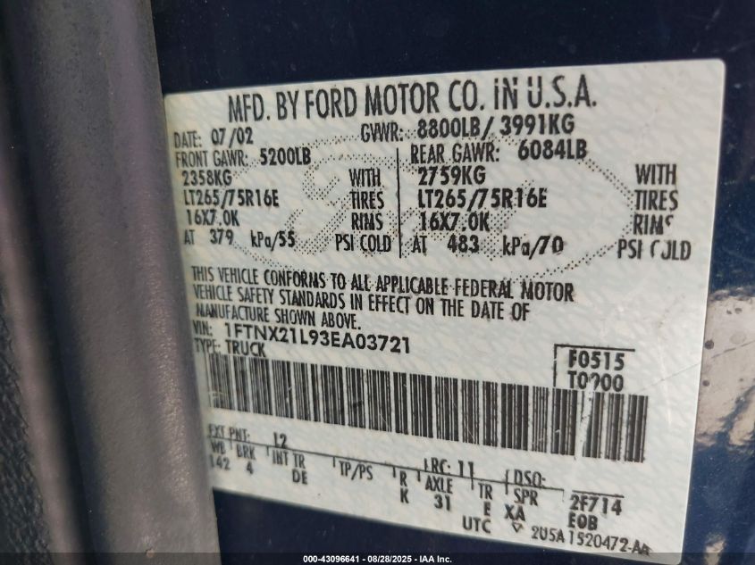2003 Ford F-250 Lariat/Xl/Xlt VIN: 1FTNX21L93EA03721 Lot: 43096641