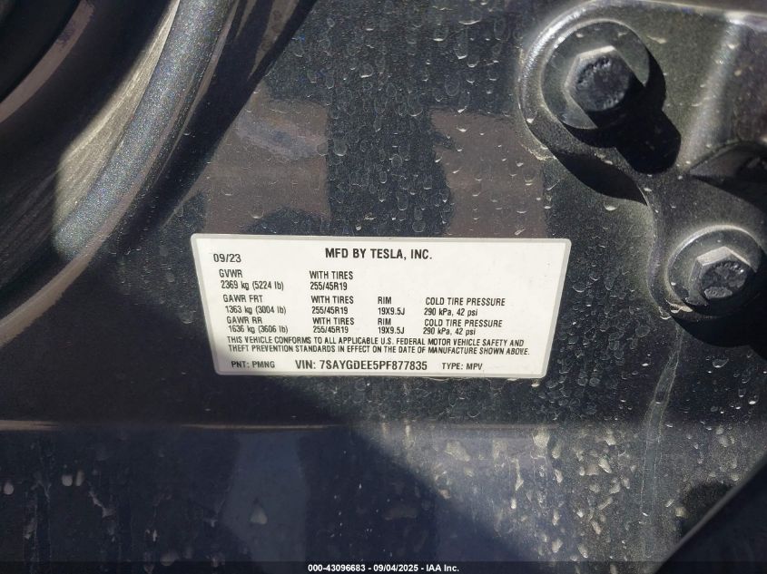 2023 Tesla Model Y Awd/Long Range Dual Motor All-Wheel Drive VIN: 7SAYGDEE5PF877835 Lot: 43096683
