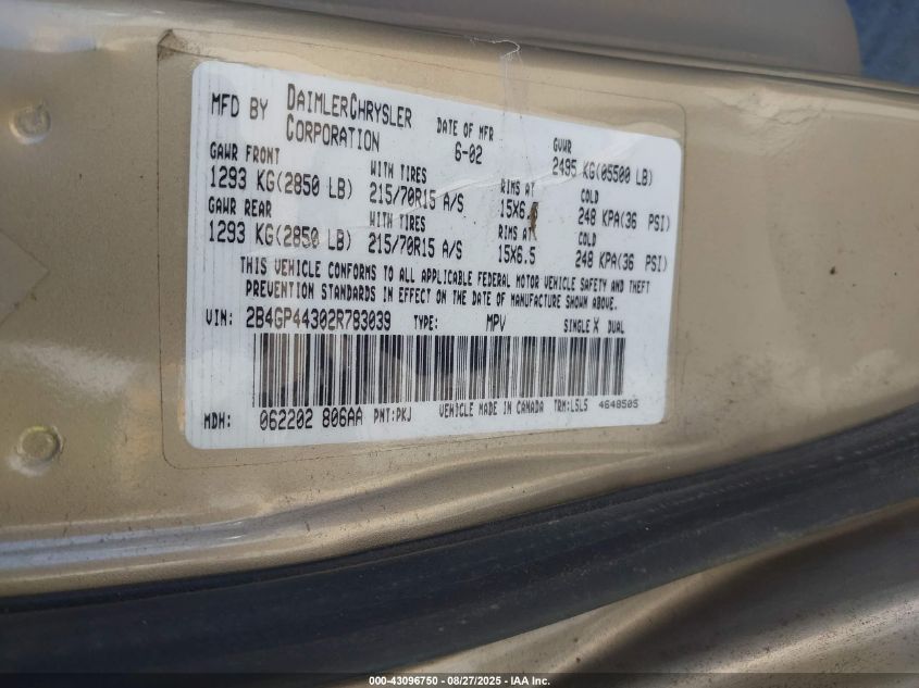 2002 Dodge Grand Caravan Sport VIN: 2B4GP44302R783039 Lot: 43096750