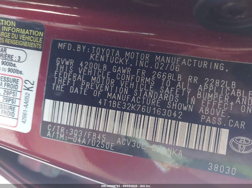 2006 Toyota Camry Le VIN: 4T1BE32K76U163042 Lot: 43096762