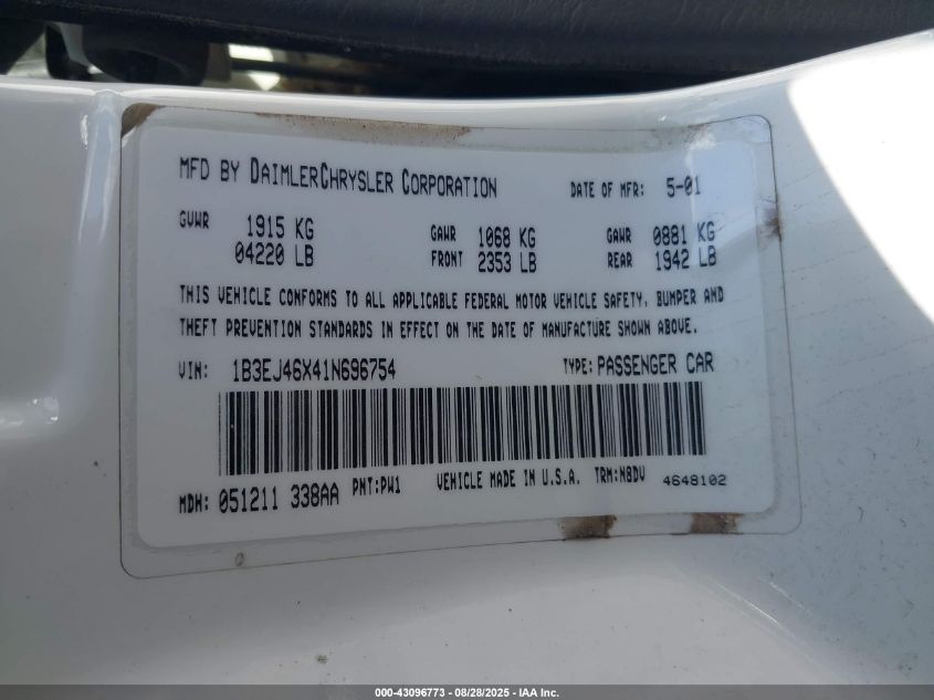 2001 Dodge Stratus Se VIN: 1B3EJ46X41N696754 Lot: 43096773