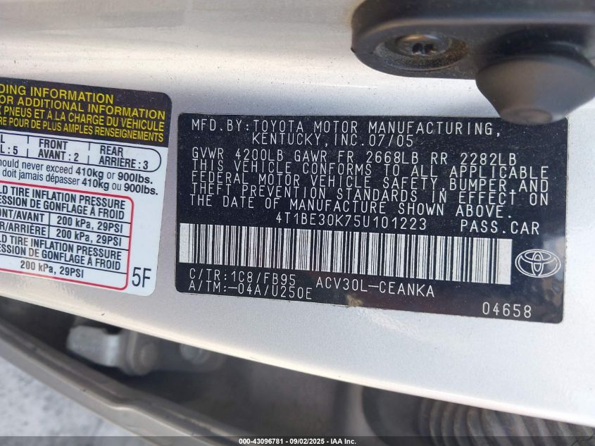 2005 Toyota Camry Le VIN: 4T1BE30K75U101223 Lot: 43096781