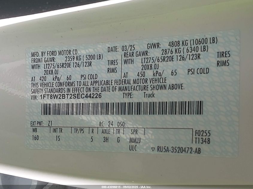 2025 Ford F-250 Xl VIN: 1FT8W2BT2SEC44226 Lot: 43096815
