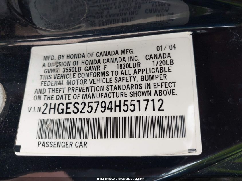 2004 Honda Civic Ex VIN: 2HGES25794H551712 Lot: 43096841