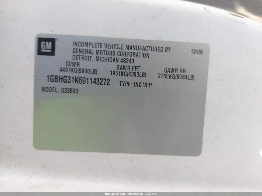 2009 Chevrolet Express Cutaway Work Van VIN: 1GBHG31K691143272 Lot: 43097066