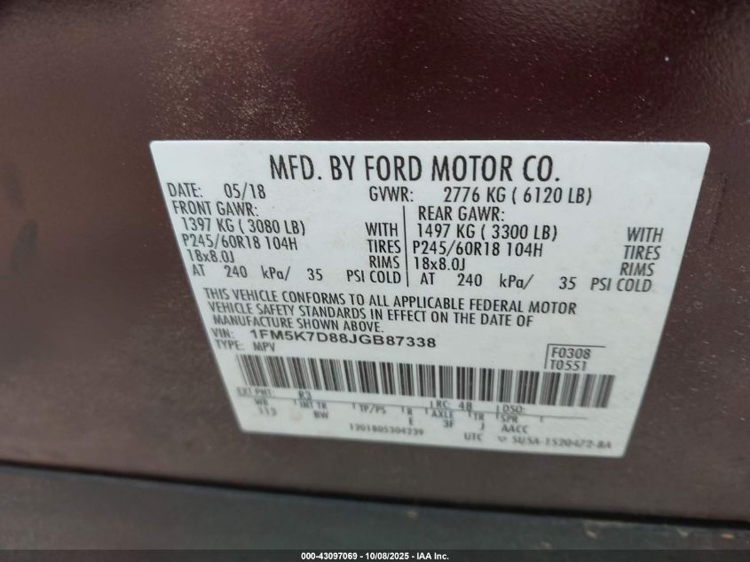 2018 Ford Explorer Xlt VIN: 1FM5K7D88JGB87338 Lot: 43097069