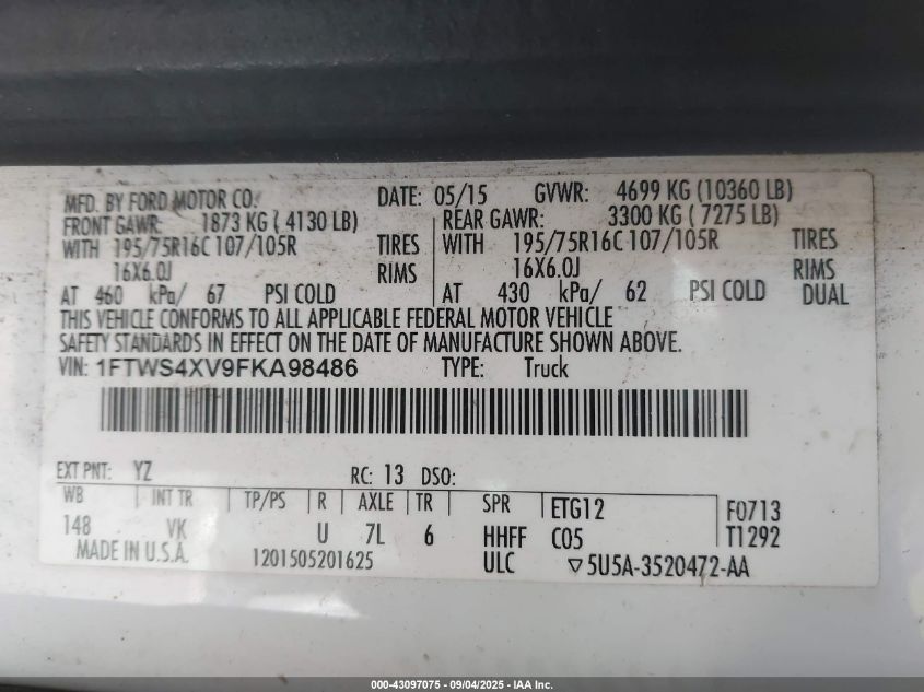 2015 Ford Transit-350 VIN: 1FTWS4XV9FKA98486 Lot: 43097075