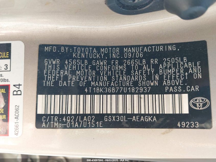 2007 Toyota Avalon Xls VIN: 4T1BK36B77U182937 Lot: 43097088