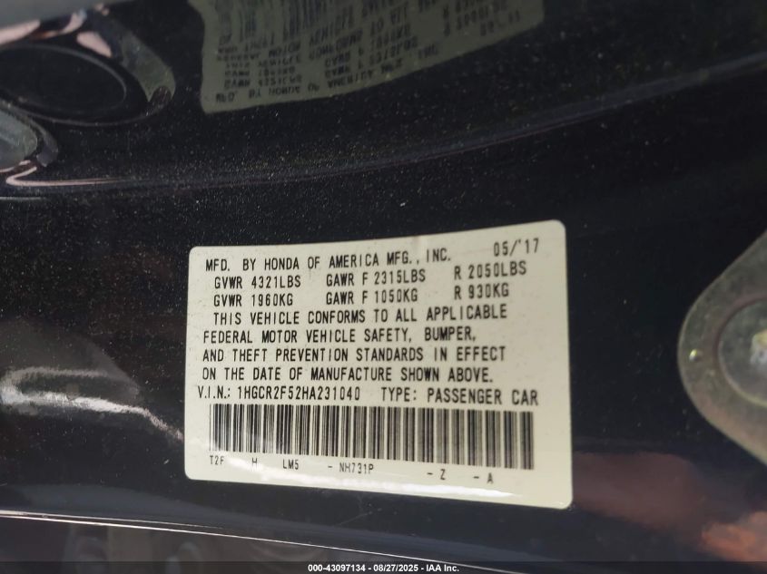 2017 Honda Accord Sport VIN: 1HGCR2F52HA231040 Lot: 43097134