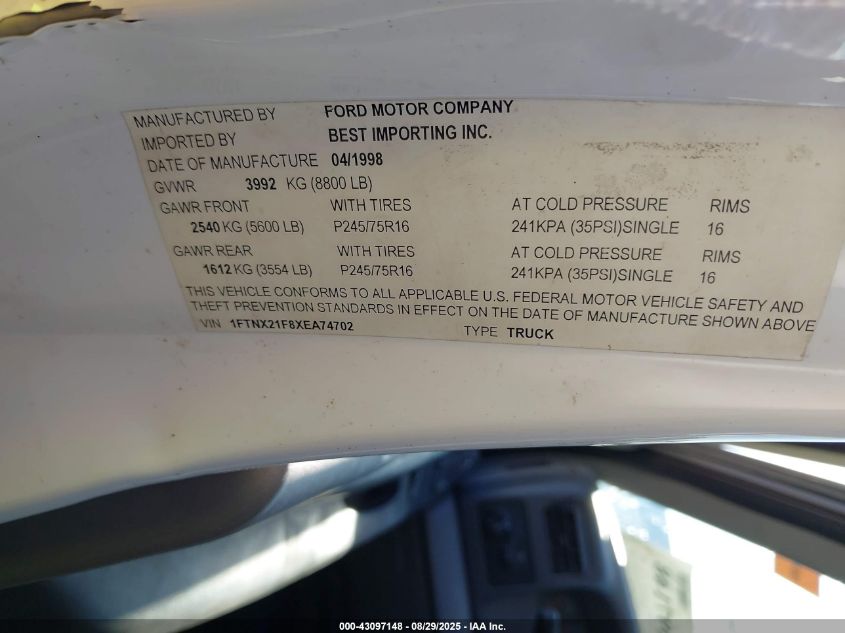 1999 Ford F-250 Lariat/Xl/Xlt VIN: 1FTNX21F8XEA74702 Lot: 43097148