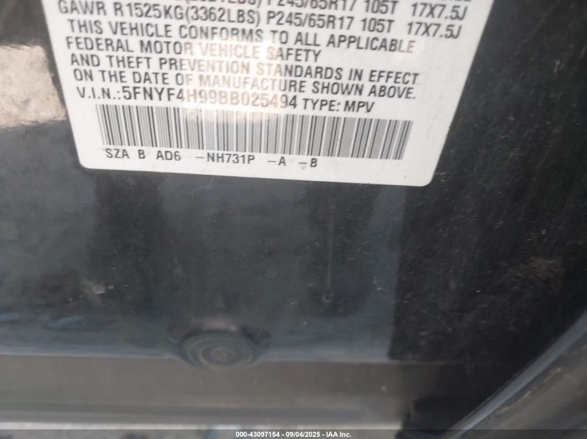 2011 Honda Pilot Touring VIN: 5FNYF4H99BB025494 Lot: 43097154