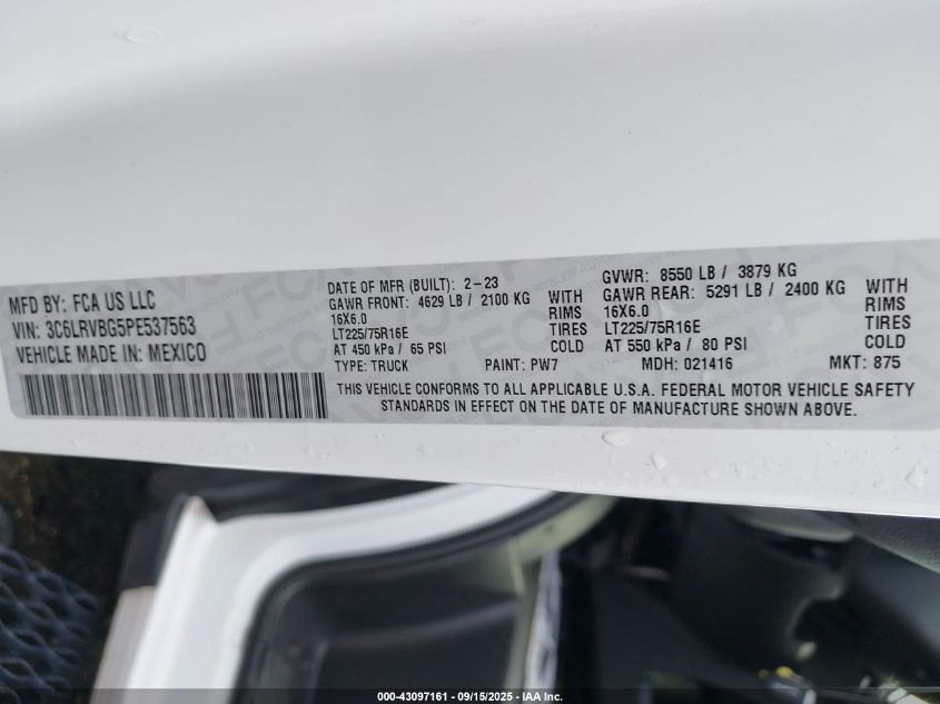 2023 Ram Promaster 1500 High Roof 136 Wb VIN: 3C6LRVBG5PE537563 Lot: 43097161