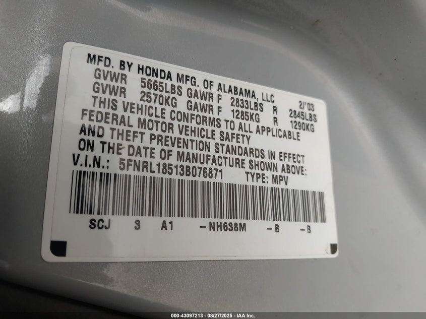 2003 Honda Odyssey Lx VIN: 5FNRL18513B076871 Lot: 43097213