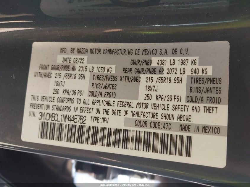 2022 Mazda Cx-30 Carbon Edition VIN: 3MVDMBCL1NM445762 Lot: 43097252
