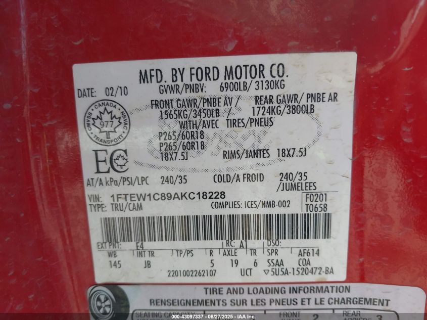 2010 Ford F-150 Fx2 Sport/Xl/Xlt VIN: 1FTEW1C89AKC18228 Lot: 43097337