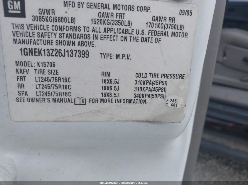 2006 Chevrolet Tahoe Commercial Fleet VIN: 1GNEK13Z26J137399 Lot: 43097348