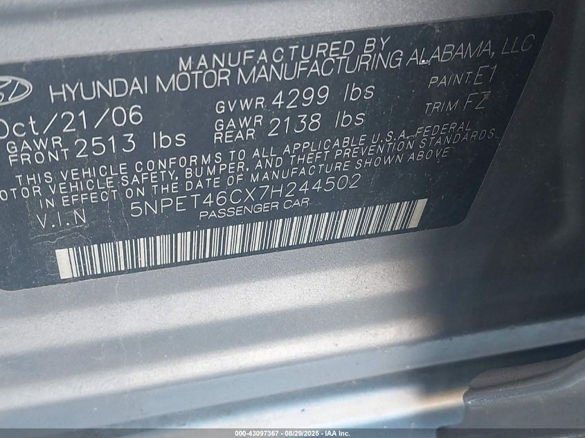 2007 Hyundai Sonata Gls VIN: 5NPET46CX7H244502 Lot: 43097367