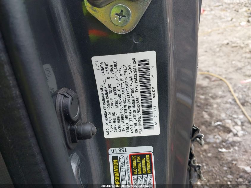 2012 Honda Civic Lx VIN: 2HGFG3B56CH566567 Lot: 43097387