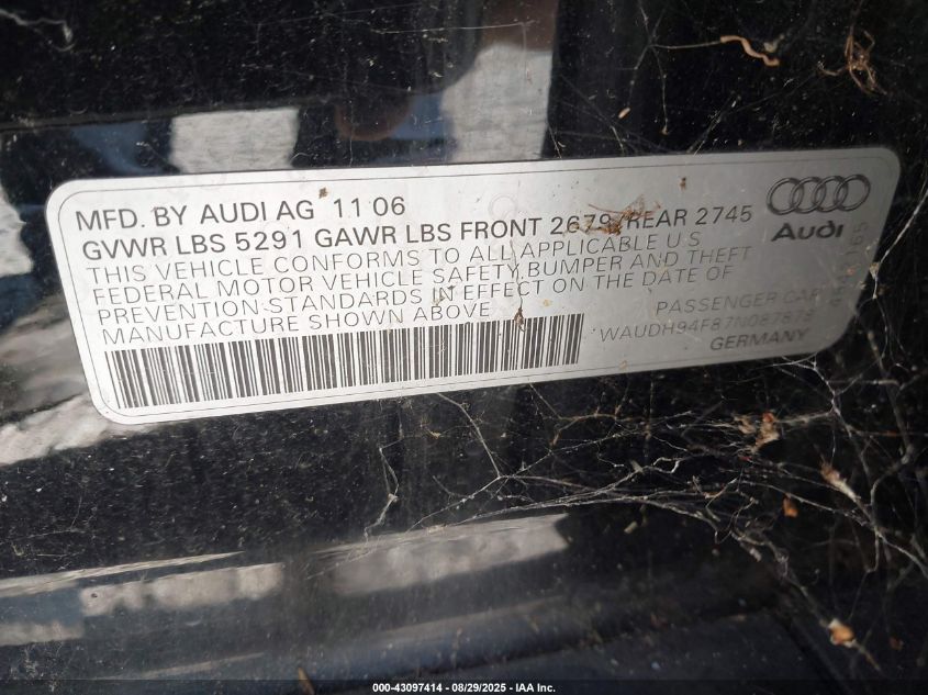 2007 Audi A6 3.2 VIN: WAUDH94F87N087878 Lot: 43097414