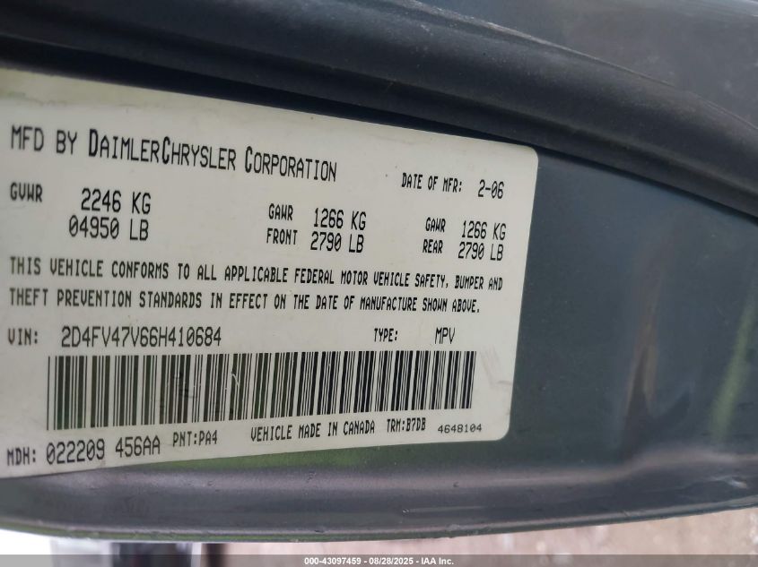 2006 Dodge Magnum VIN: 2D4FV47V66H410684 Lot: 43097459