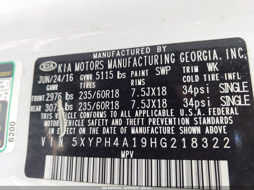 2017 Kia Sorento 2.0T Ex VIN: 5XYPH4A19HG218322 Lot: 43097534