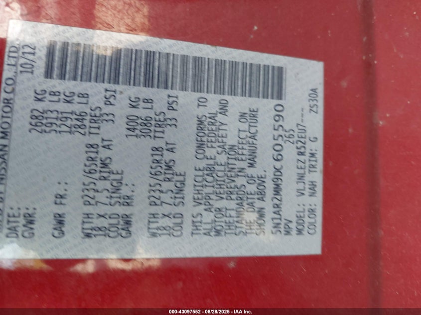 2013 Nissan Pathfinder Sv VIN: 5N1AR2MM9DC605590 Lot: 43097552